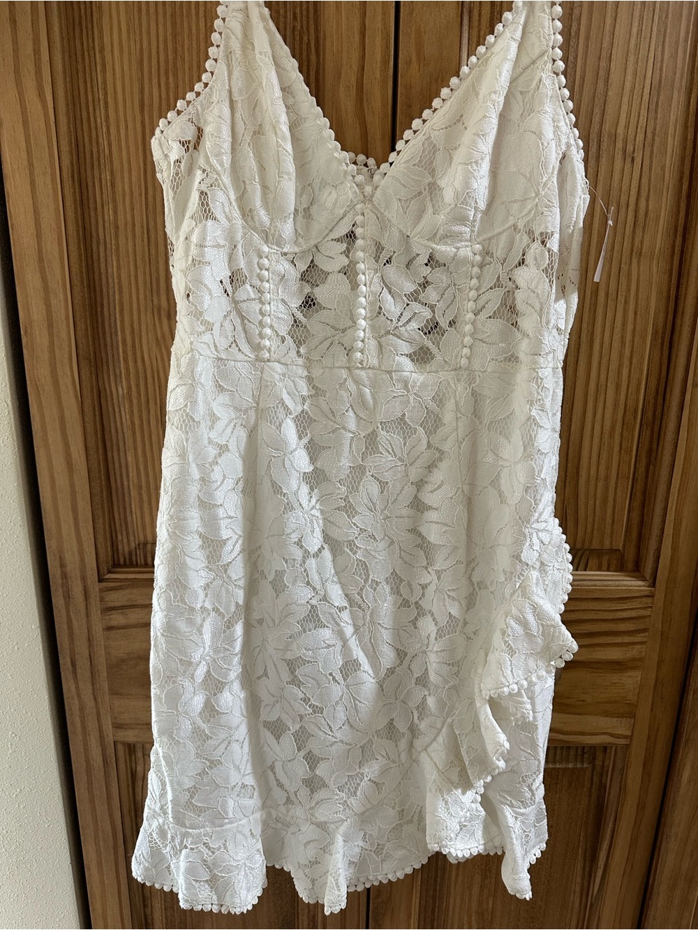 Women’s White Lace Slip Dress with Pom Trim